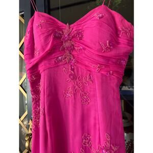 Vintage Scala Hot Pink 100% Silk Beaded floral Gown Size M 90s Y2K slip dress